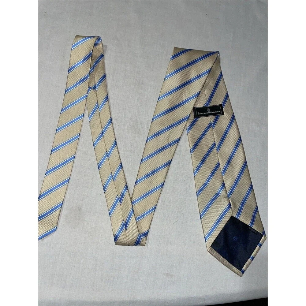 Ermenegildo Zegna Men’s Dress Tie Size 58” Ivory Blue Striped Business Formal